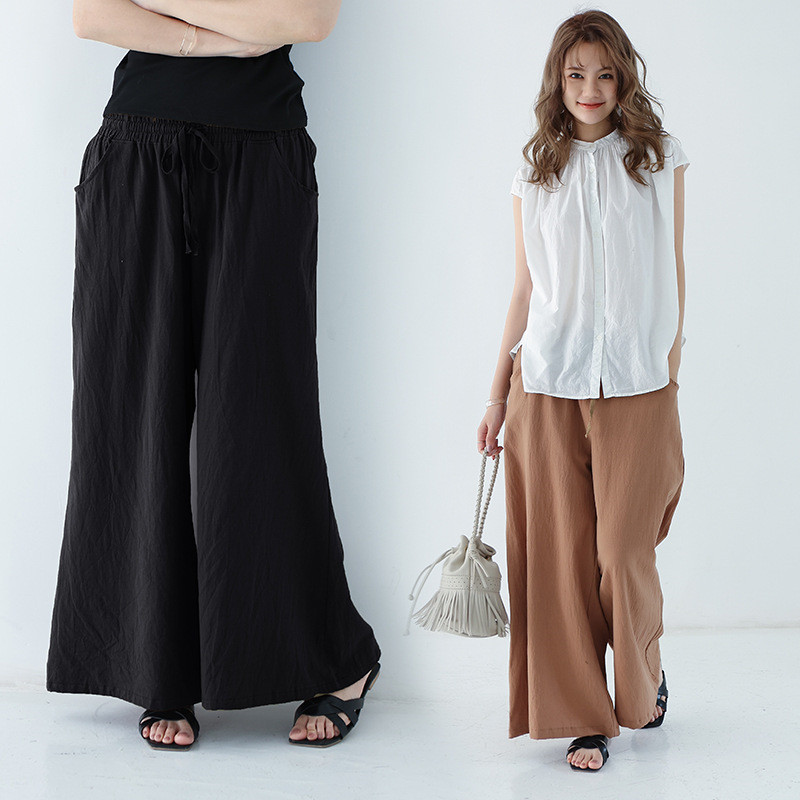 ワイドパンツ レディース 綿麻パンツ ロングパンツ ボハイウエスト 無地 アウトドア 体型カバー カジュアル 春秋 薄手 ゆったり リラックス 