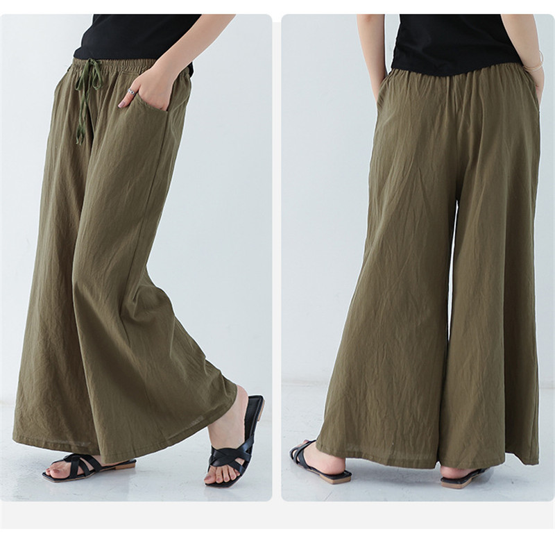 ワイドパンツ レディース 綿麻パンツ ロングパンツ ボハイウエスト 無地 アウトドア 体型カバー カジュアル 春秋 薄手 ゆったり リラックス 