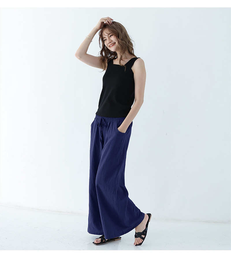 ワイドパンツ レディース 綿麻パンツ ロングパンツ ボハイウエスト 無地 アウトドア 体型カバー カジュアル 春秋 薄手 ゆったり リラックス 