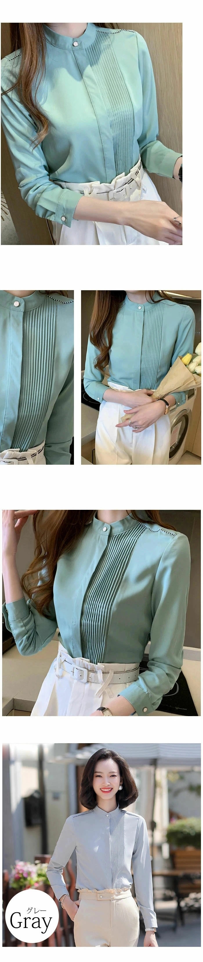 ブラウス ボウタイ レディース ユニフォーム  フォーマル トップス インナー スタンドスーツ シフォン 長袖 シャツ プリーツ 立ち襟 