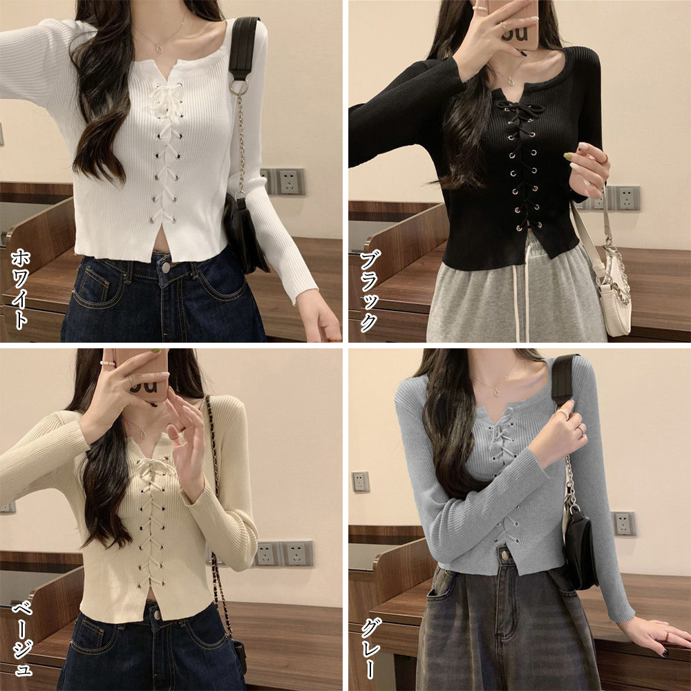 ニットトップス フロントレースアップ秋服 。可  