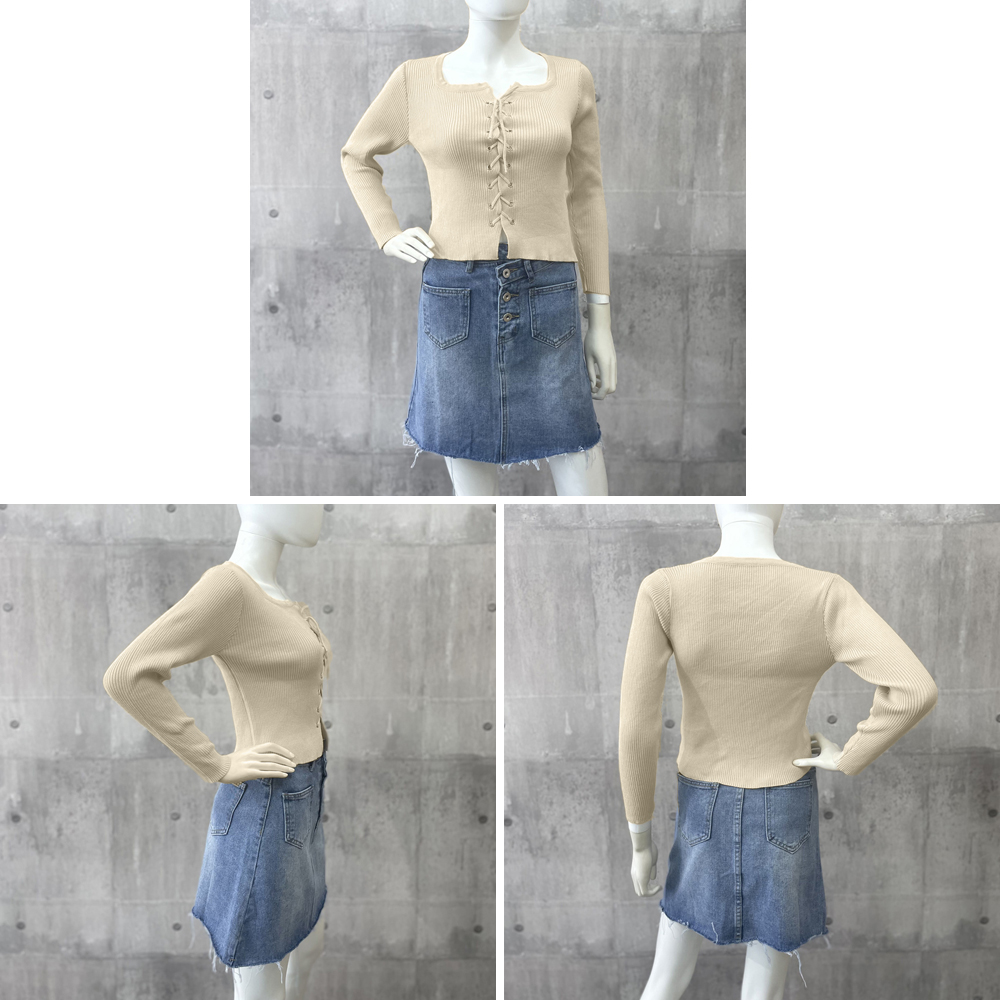ニットトップス フロントレースアップ秋服 。可  
