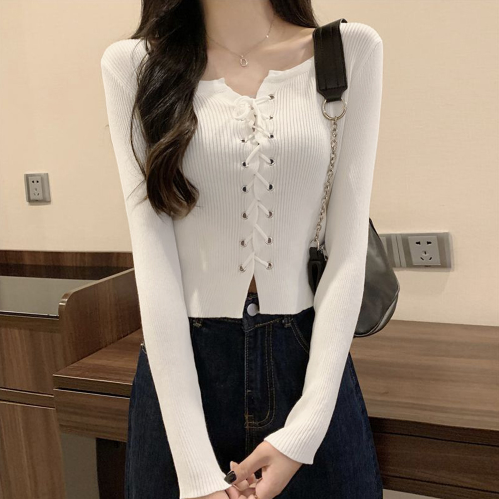 ニットトップス フロントレースアップ秋服 。可  