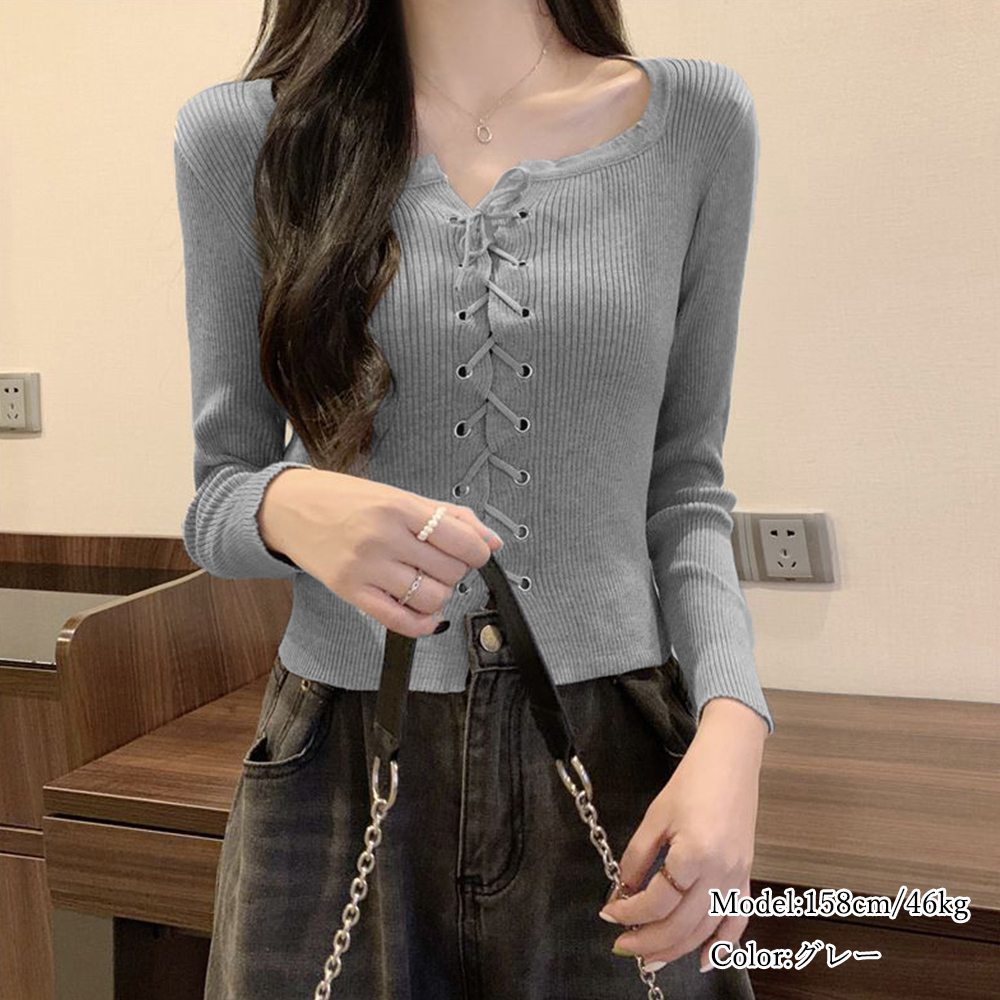 ニットトップス フロントレースアップ秋服 。可  