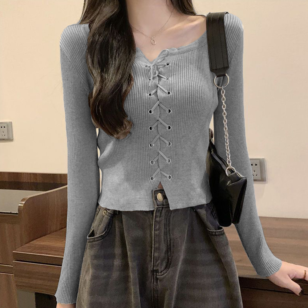 ニットトップス フロントレースアップ秋服 。可  