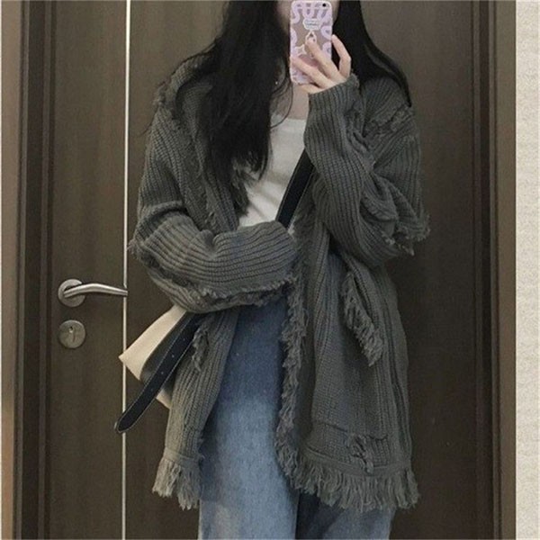 ニットカーディガン 秋冬 ゆったり セーター ざっくり オーバーサイズ 前開き トップス 無地 カジュアル 日常服 羽織 ニットカーディガン 