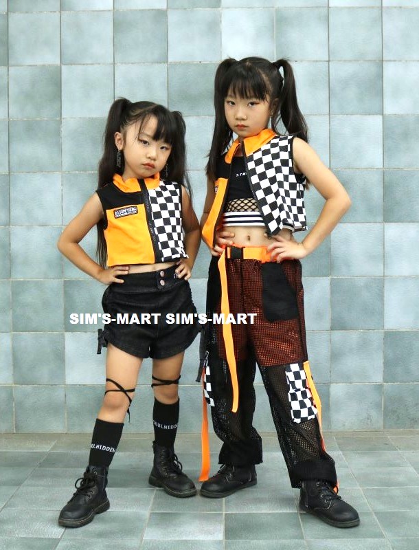 ガールズヒップホップ ダンス衣装 キッズ セットアップ 派手 へそ出しトップス シースルー オレンジ K-POP フラッグチェック 黒 韓国 ショートパンツ 