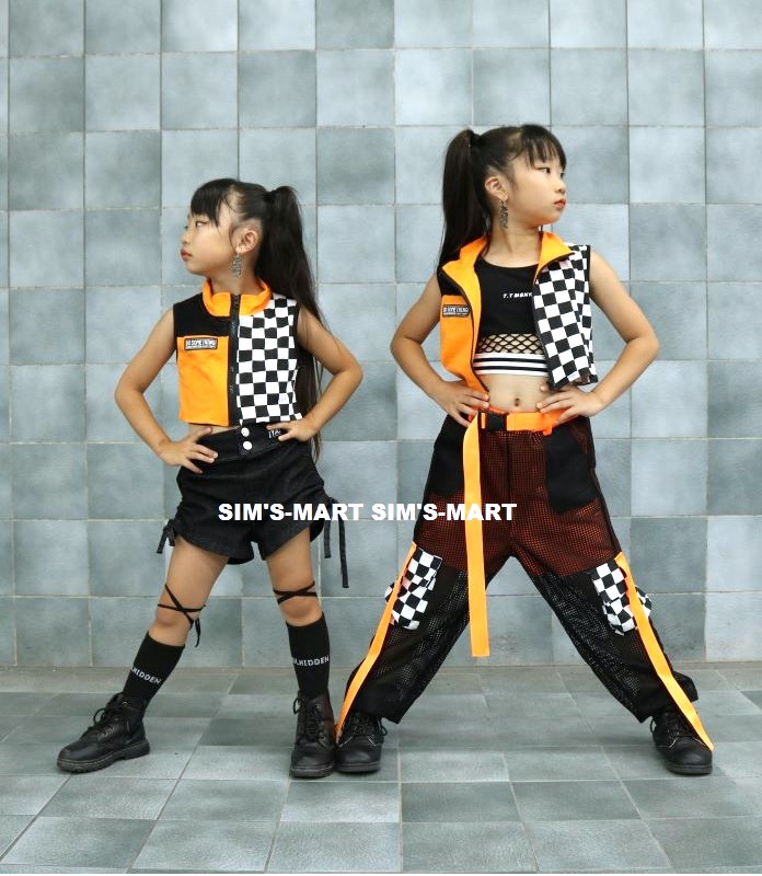 ガールズヒップホップ ダンス衣装 キッズ セットアップ 派手 へそ出しトップス シースルー オレンジ K-POP フラッグチェック 黒 韓国 ショートパンツ 