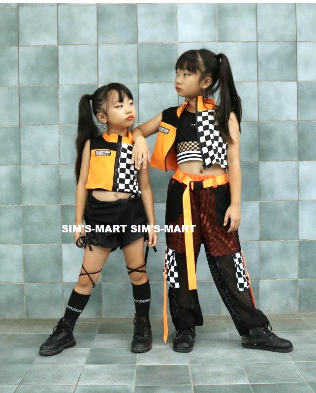 ガールズヒップホップ ダンス衣装 キッズ セットアップ 派手 へそ出しトップス シースルー オレンジ K-POP フラッグチェック 黒 韓国 ショートパンツ 