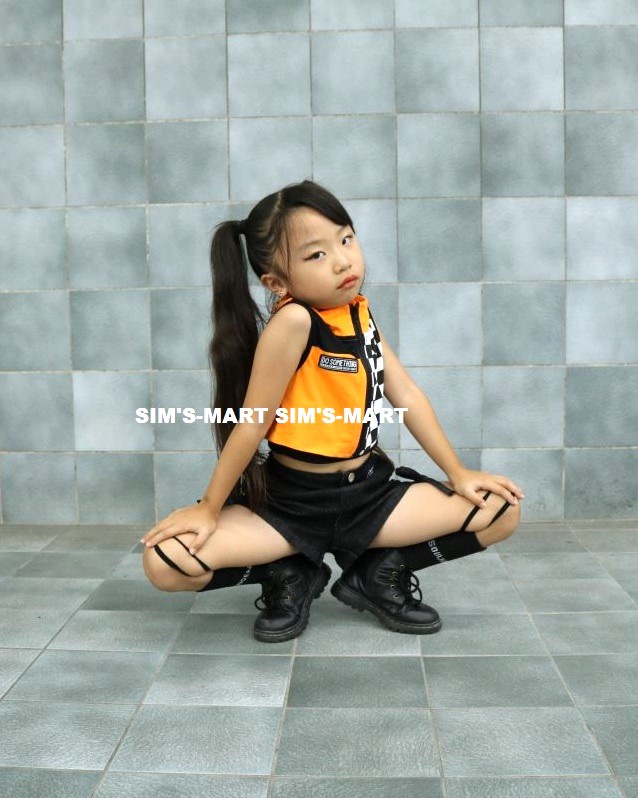 ガールズヒップホップ ダンス衣装 キッズ セットアップ 派手 へそ出しトップス シースルー オレンジ K-POP フラッグチェック 黒 韓国 ショートパンツ 