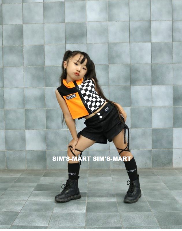 ガールズヒップホップ ダンス衣装 キッズ セットアップ 派手 へそ出しトップス シースルー オレンジ K-POP フラッグチェック 黒 韓国 ショートパンツ 
