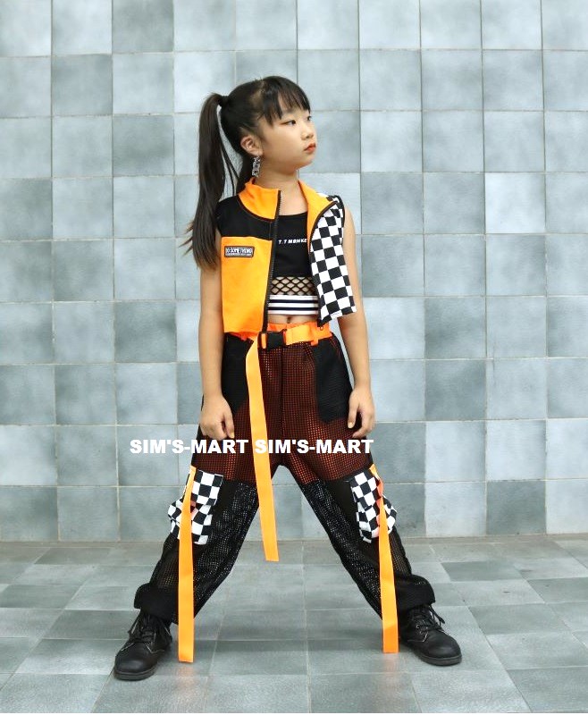 ガールズヒップホップ ダンス衣装 キッズ セットアップ 派手 へそ出しトップス シースルー オレンジ K-POP フラッグチェック 黒 韓国 ショートパンツ 