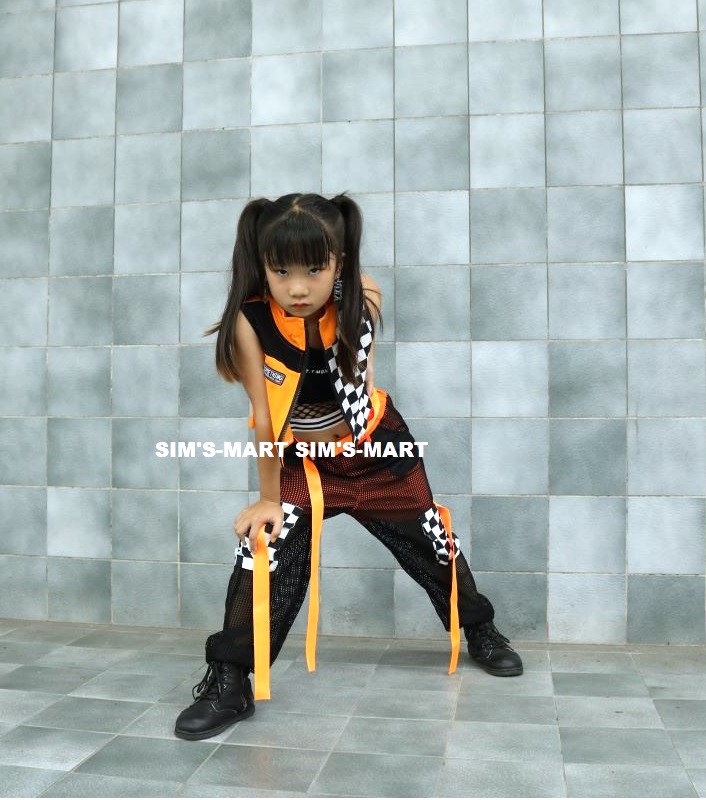 ガールズヒップホップ ダンス衣装 キッズ セットアップ 派手 へそ出しトップス シースルー オレンジ K-POP フラッグチェック 黒 韓国 ショートパンツ 