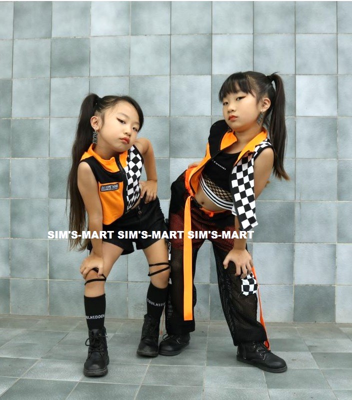 ガールズヒップホップ ダンス衣装 キッズ セットアップ 派手 へそ出しトップス シースルー オレンジ K-POP フラッグチェック 黒 韓国 ショートパンツ 