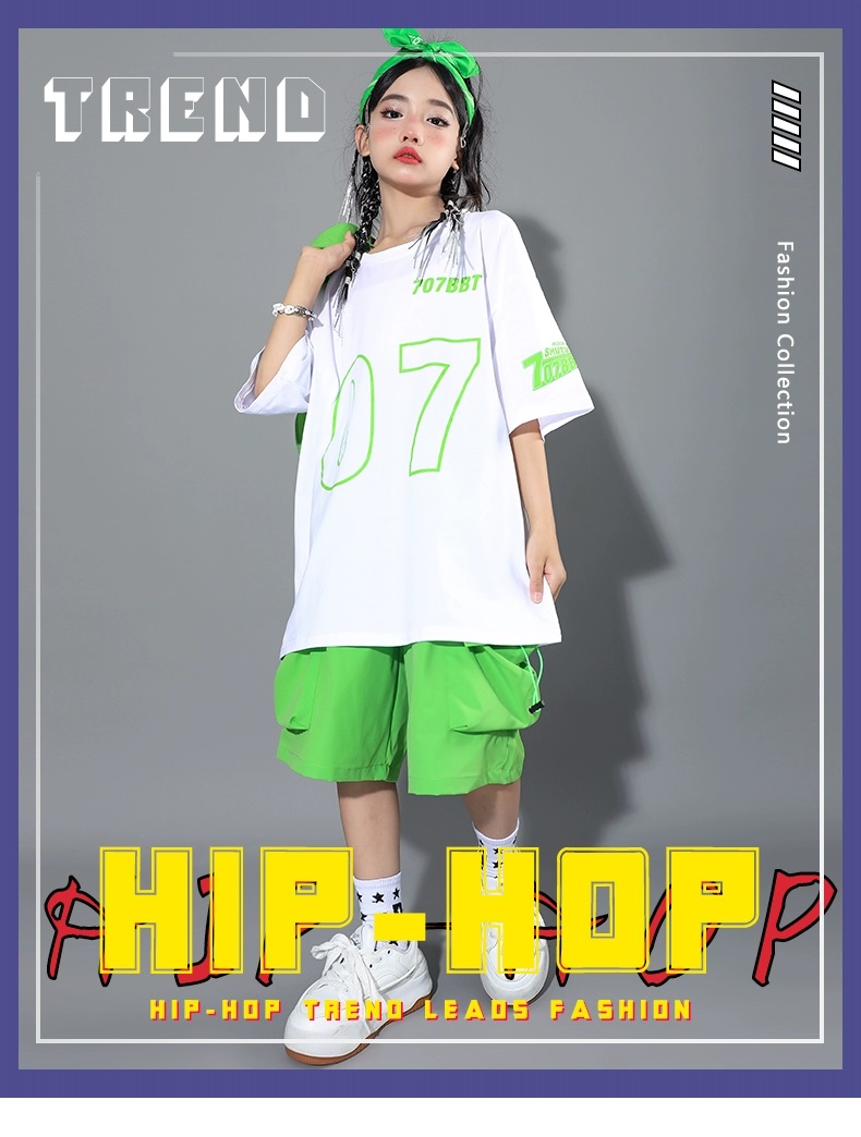 ヒップホップ 衣装 キッズダンス衣装 セットアップ 韓国 子供ダンス服 派手 水色 レッスン着 白ピンク 黄緑 ダンスウェア 