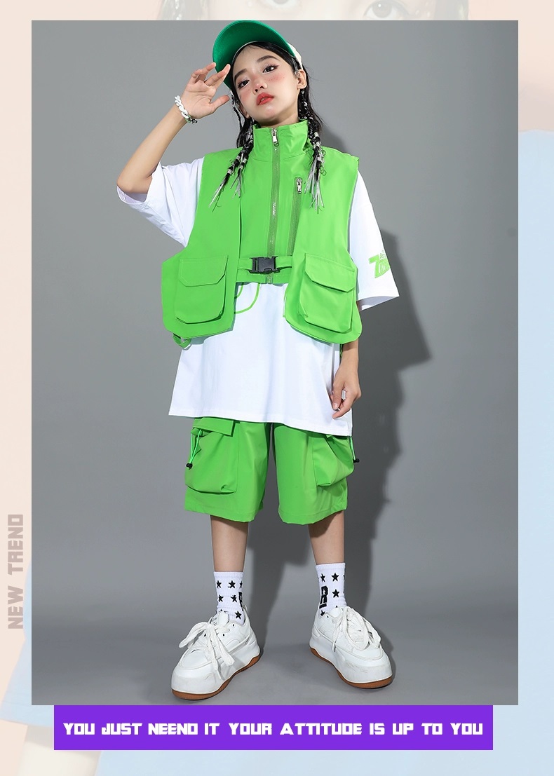 ヒップホップ 衣装 キッズダンス衣装 セットアップ 韓国 子供ダンス服 派手 水色 レッスン着 白ピンク 黄緑 ダンスウェア 