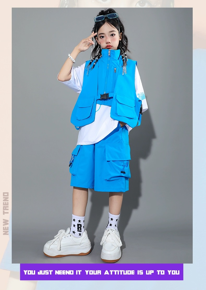 ヒップホップ 衣装 キッズダンス衣装 セットアップ 韓国 子供ダンス服 派手 水色 レッスン着 白ピンク 黄緑 ダンスウェア 