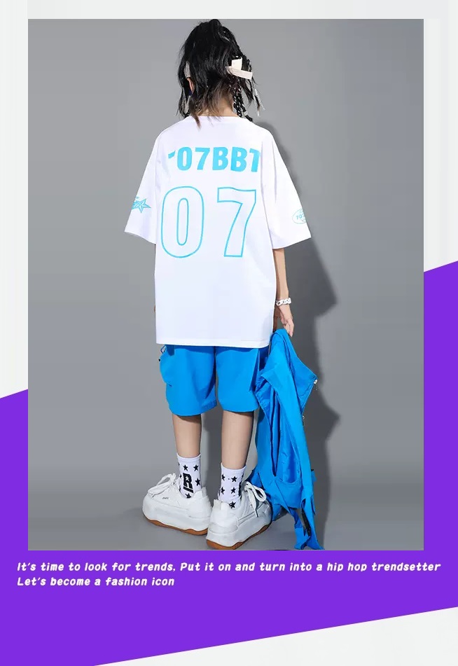 ヒップホップ 衣装 キッズダンス衣装 セットアップ 韓国 子供ダンス服 派手 水色 レッスン着 白ピンク 黄緑 ダンスウェア 