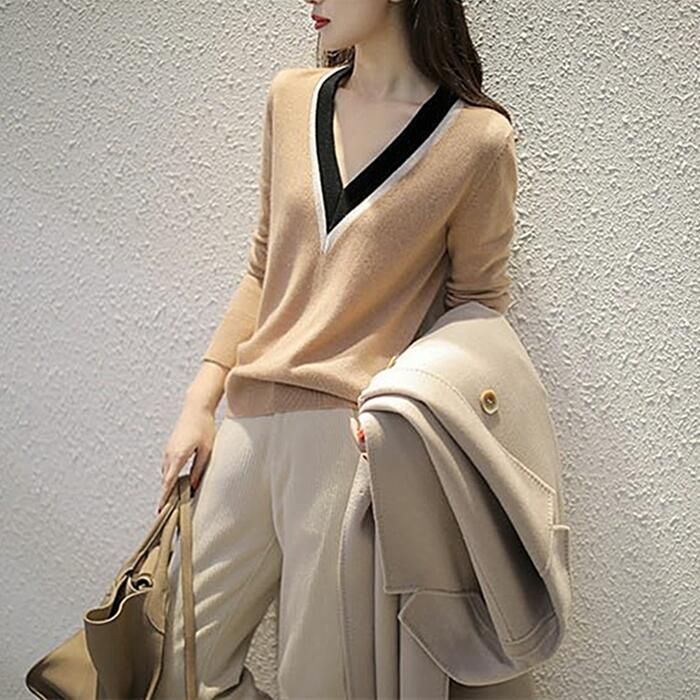 トップス ニット Vネック セーター 長袖 マルチ配色 大人可愛い きれいめ シンプル 通勤 ベーシック レディース カジュアル おしゃれ フェミニン 