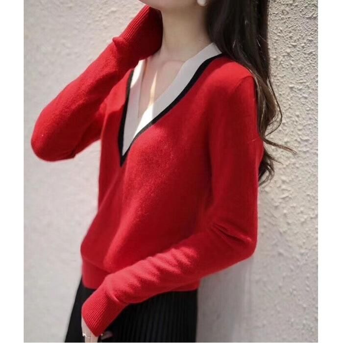 トップス ニット Vネック セーター 長袖 マルチ配色 大人可愛い きれいめ シンプル 通勤 ベーシック レディース カジュアル おしゃれ フェミニン 