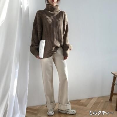 ニット カットソー セーター トップス カジュアル 長袖 ブラウン おしゃれ ボリュームスリーブ 可愛い きれいめ シンプル レディース タートルネック ゆったり 