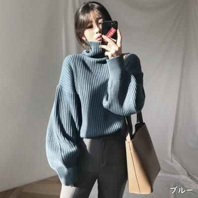 ニット カットソー セーター トップス カジュアル 長袖 ブラウン おしゃれ ボリュームスリーブ 可愛い きれいめ シンプル レディース タートルネック ゆったり 