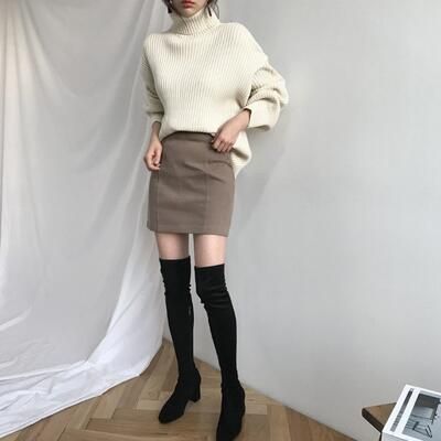 ニット カットソー セーター トップス カジュアル 長袖 ブラウン おしゃれ ボリュームスリーブ 可愛い きれいめ シンプル レディース タートルネック ゆったり 