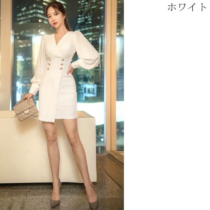 ウエスト2連ボタン Vネック胸元開き ショートタイトワンピース 黒 白 セクシー 韓国 ナイトドレス スナック ドレス キャバ 