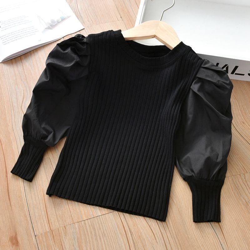 ニットセーター パフスリーブ 切り替え リブニット トップス 長袖 子供服薄手 キッズ服 春秋服 可愛い 女の子 シンプル 普段着 無地 ガールズ 