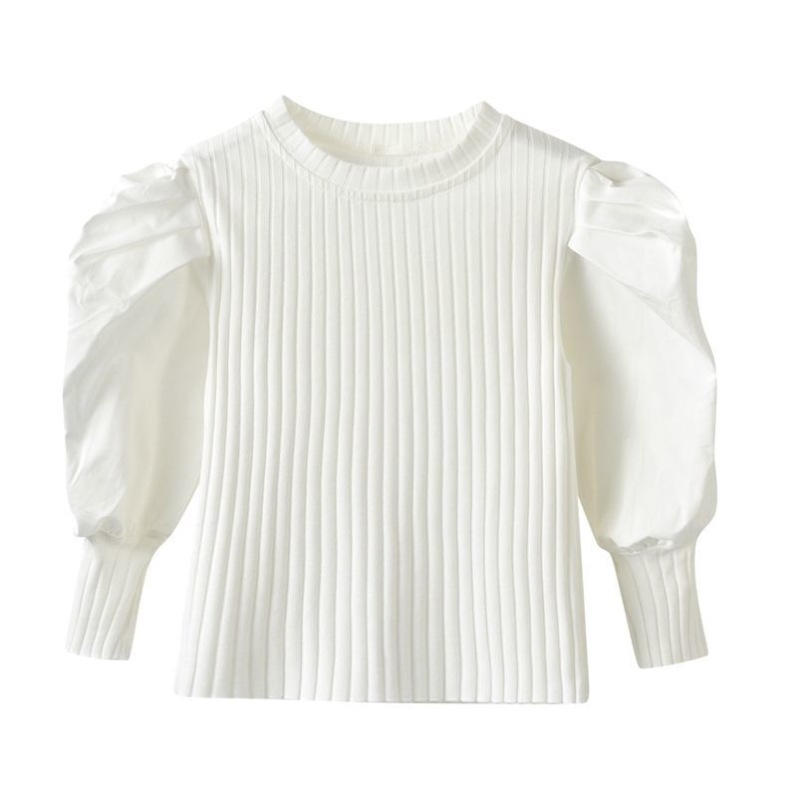 ニットセーター パフスリーブ 切り替え リブニット トップス 長袖 子供服薄手 キッズ服 春秋服 可愛い 女の子 シンプル 普段着 無地 ガールズ 