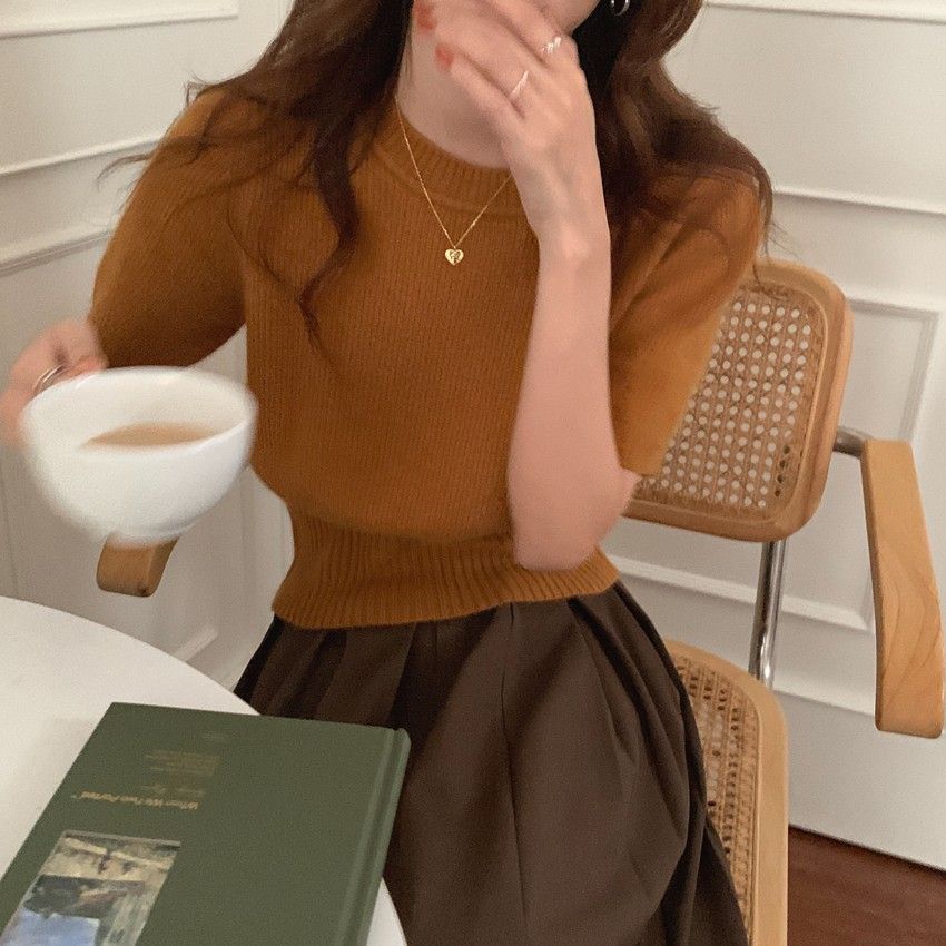 半袖ニット セーター レディース トップス クルーネック 薄手 ショート丈 カジュアル ゆったり 着やせ シンプル 韓国 おしゃれ 