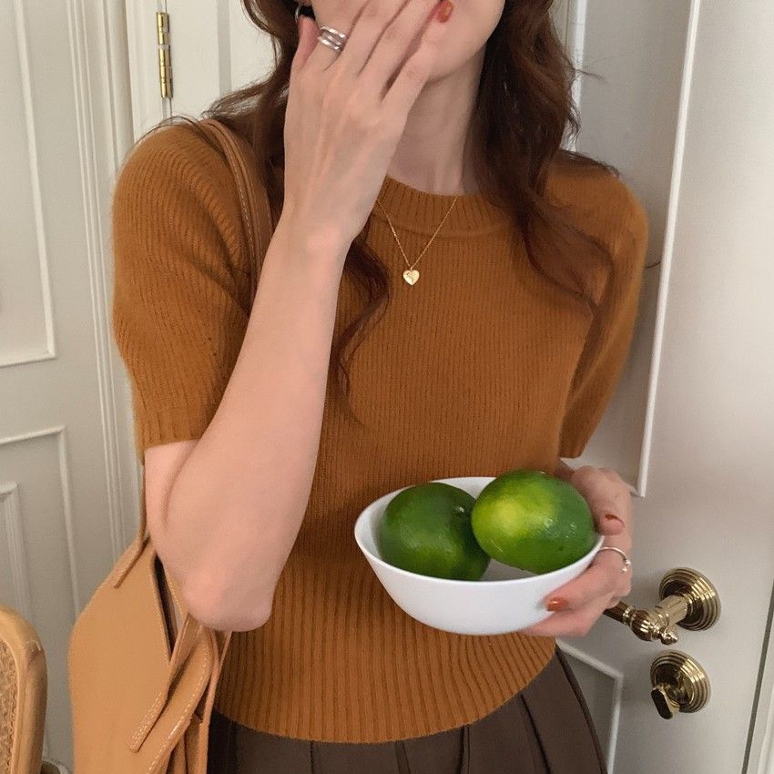 半袖ニット セーター レディース トップス クルーネック 薄手 ショート丈 カジュアル ゆったり 着やせ シンプル 韓国 おしゃれ 