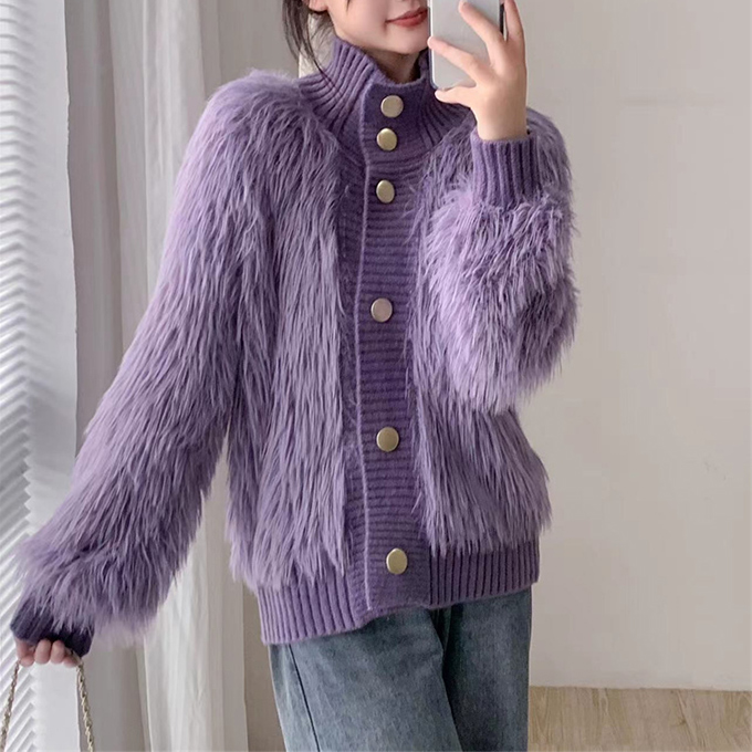 シャギーハイネックカーディガン アウター レディース 羽織 ニットガウン スタンド  