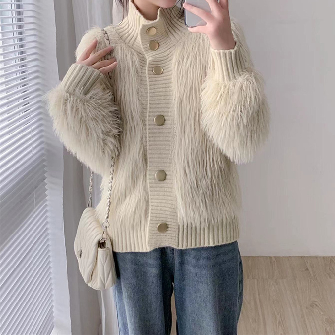 シャギーハイネックカーディガン アウター レディース 羽織 ニットガウン スタンド  