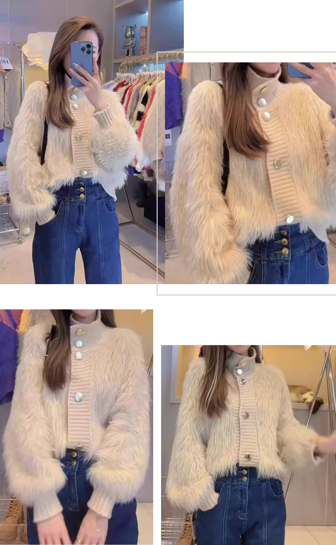 シャギーハイネックカーディガン アウター レディース 羽織 ニットガウン スタンド  