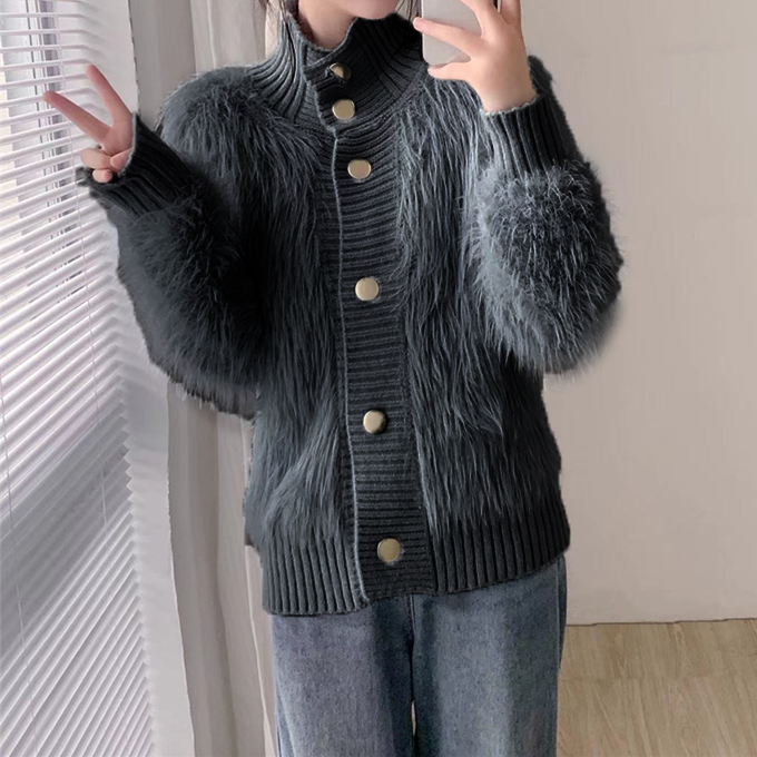 シャギーハイネックカーディガン アウター レディース 羽織 ニットガウン スタンド  