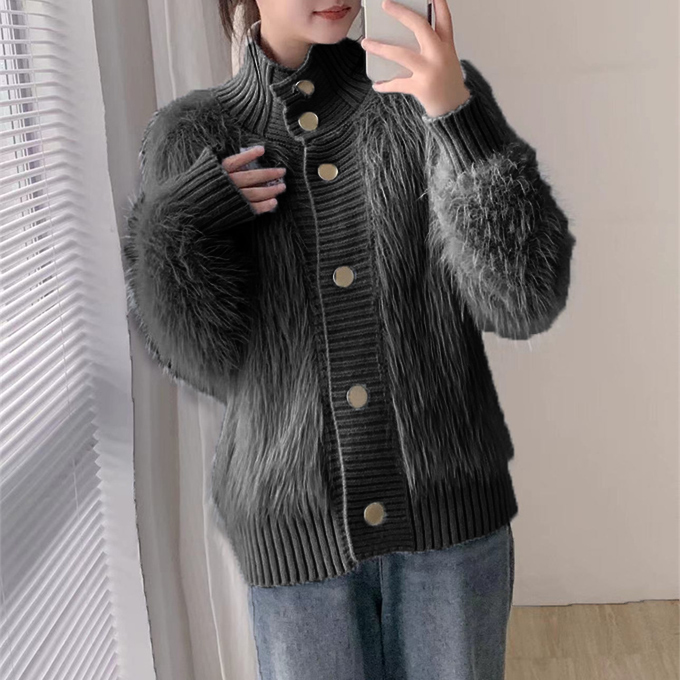 シャギーハイネックカーディガン アウター レディース 羽織 ニットガウン スタンド  