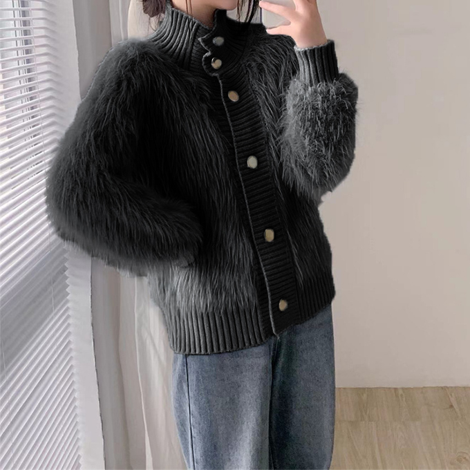 シャギーハイネックカーディガン アウター レディース 羽織 ニットガウン スタンド  