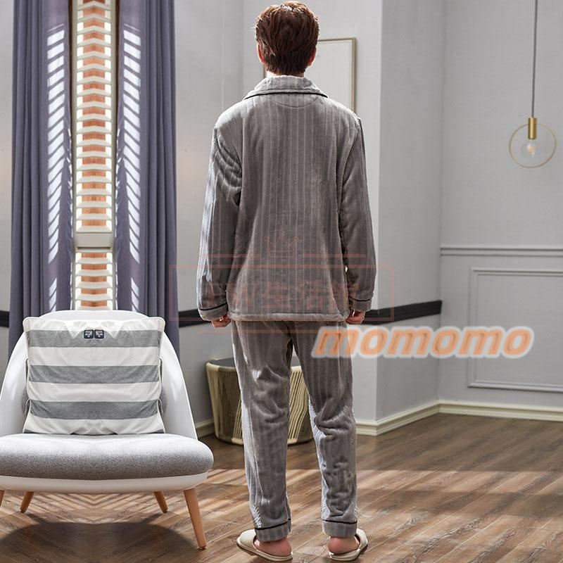 男士用 フラノ ルームウェア メンズ モコモコ パジャマ 寝巻き 前開き 上下セット 柔らかい生地 長袖 防寒対策 部屋着 秋冬 メンズ 厚手パジャマ 