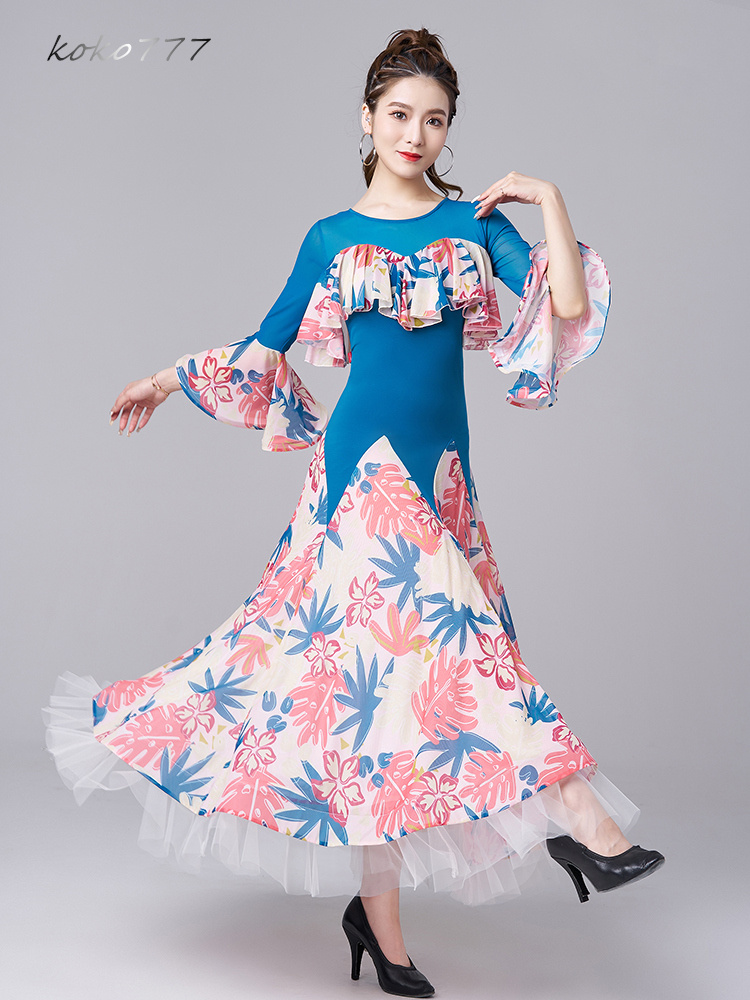 ロングドレス レディース ワンピース ラテンダンス 社交ダンス フリル 舞台衣装 公演 パーティー 洋服 花柄 ワルツ イベント服 ナショナルダンス 発表会 