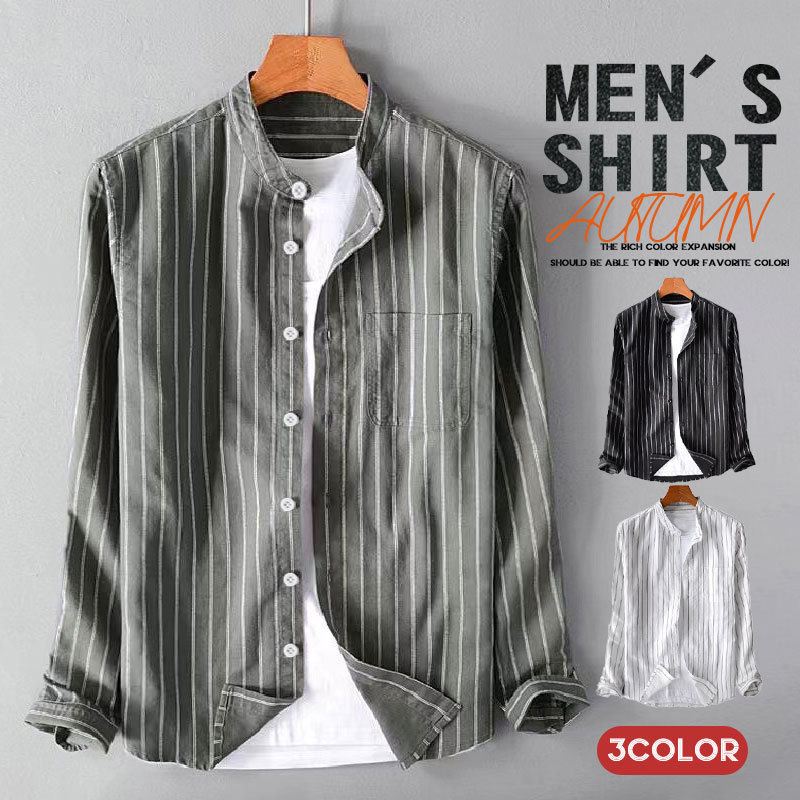 シャツ メンズ 長袖シャツ カジュアル ボーダー柄 トップス 春 ビジネス 新作 リネン風 大きいサイズ 秋 ボタンシャツ 紳士 開襟シャツ おしゃれ 