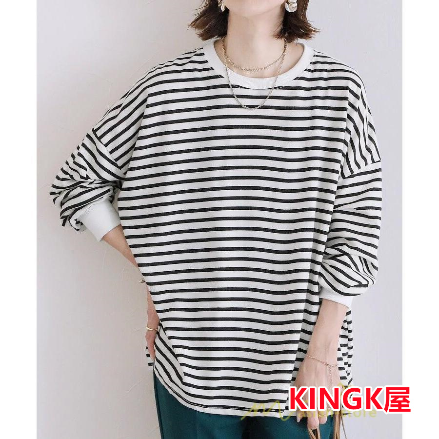 ボーダー＆無地ビッグプルオーバー レディース トップス Tシャツ オーバーサイズ トレーナー ロングＴ ゆったり 可愛い 20代30代40代 長袖 シンプル 