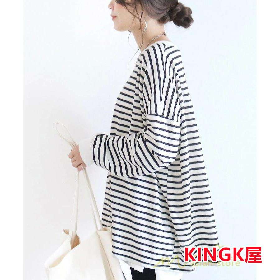 ボーダー＆無地ビッグプルオーバー レディース トップス Tシャツ オーバーサイズ トレーナー ロングＴ ゆったり 可愛い 20代30代40代 長袖 シンプル 