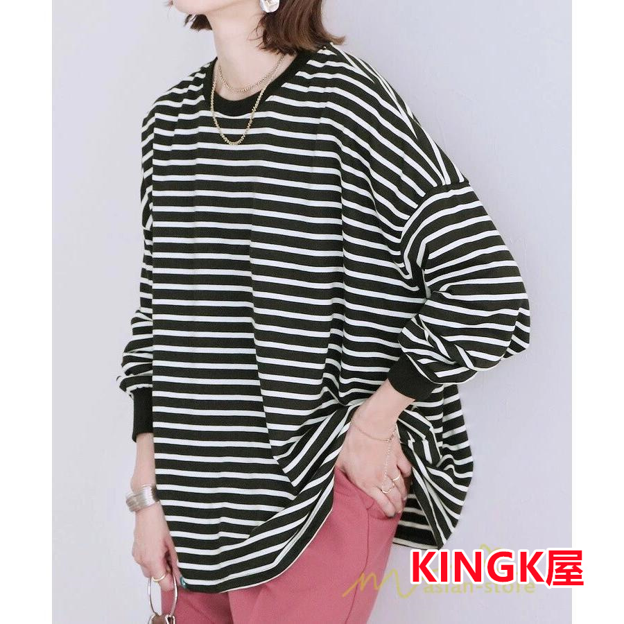 ボーダー＆無地ビッグプルオーバー レディース トップス Tシャツ オーバーサイズ トレーナー ロングＴ ゆったり 可愛い 20代30代40代 長袖 シンプル 