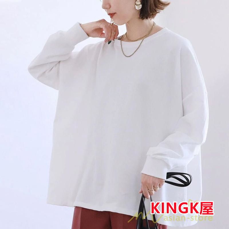 ボーダー＆無地ビッグプルオーバー レディース トップス Tシャツ オーバーサイズ トレーナー ロングＴ ゆったり 可愛い 20代30代40代 長袖 シンプル 