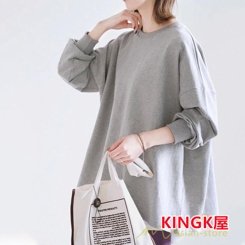 ボーダー＆無地ビッグプルオーバー レディース トップス Tシャツ オーバーサイズ トレーナー ロングＴ ゆったり 可愛い 20代30代40代 長袖 シンプル 