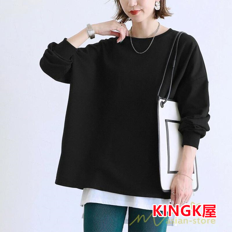 ボーダー＆無地ビッグプルオーバー レディース トップス Tシャツ オーバーサイズ トレーナー ロングＴ ゆったり 可愛い 20代30代40代 長袖 シンプル 