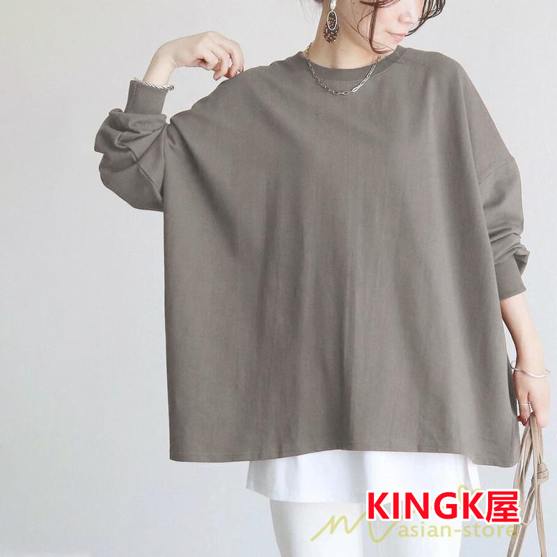 ボーダー＆無地ビッグプルオーバー レディース トップス Tシャツ オーバーサイズ トレーナー ロングＴ ゆったり 可愛い 20代30代40代 長袖 シンプル 