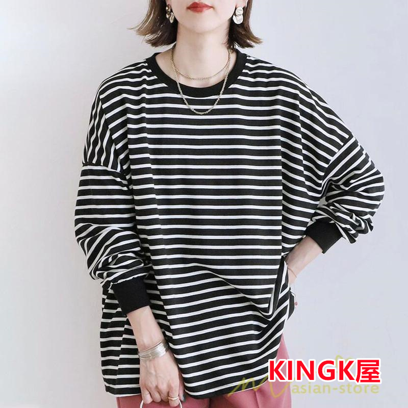 ボーダー＆無地ビッグプルオーバー レディース トップス Tシャツ オーバーサイズ トレーナー ロングＴ ゆったり 可愛い 20代30代40代 長袖 シンプル 