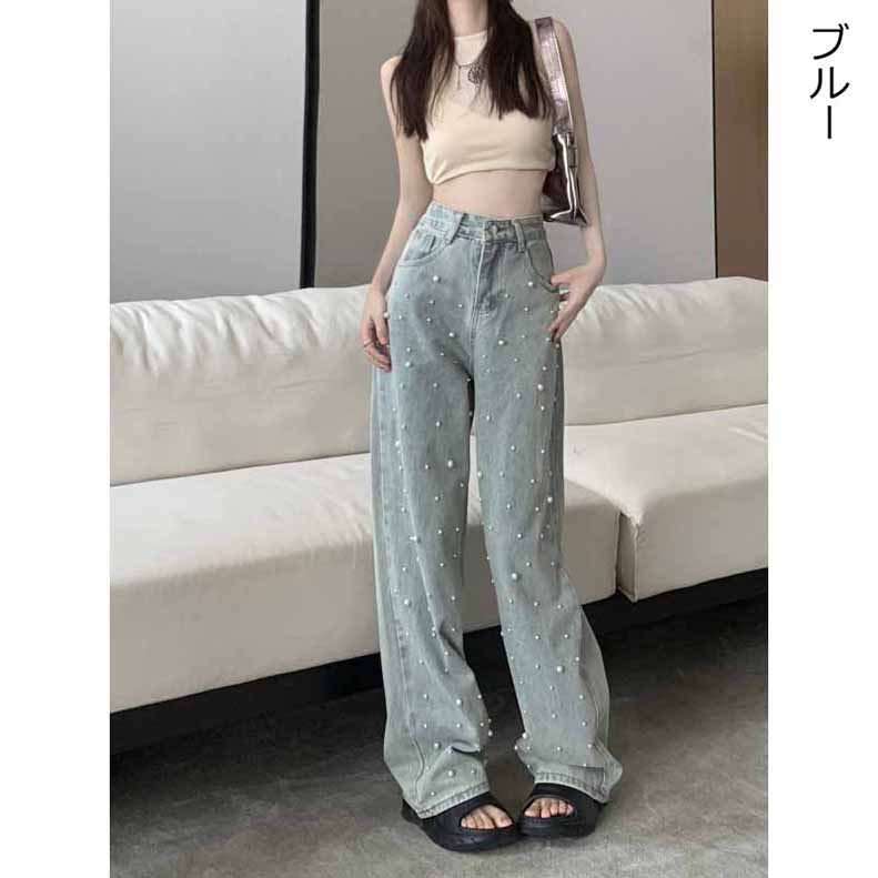 パール デニム デニムパンツ レディース ストレートデニム ワイドデニム ボーイフレンドデニム 大きいサイズ ホック ゆったり 
